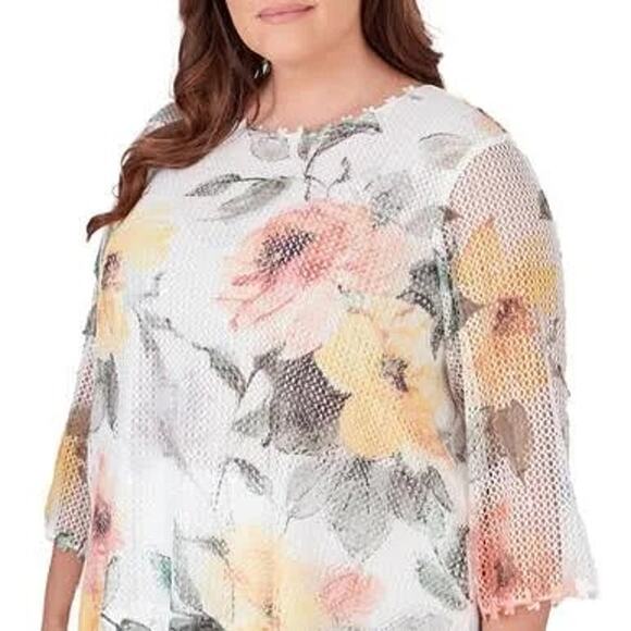 ALFRED DUNNER Charleston Top NWT Multi Colored Floral Net 3/4 Sleeve Top Sz 3X - Picture 3 of 9